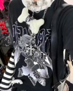 Black Animecore Aesthetic Tee with white cartoon characters and graphic details.