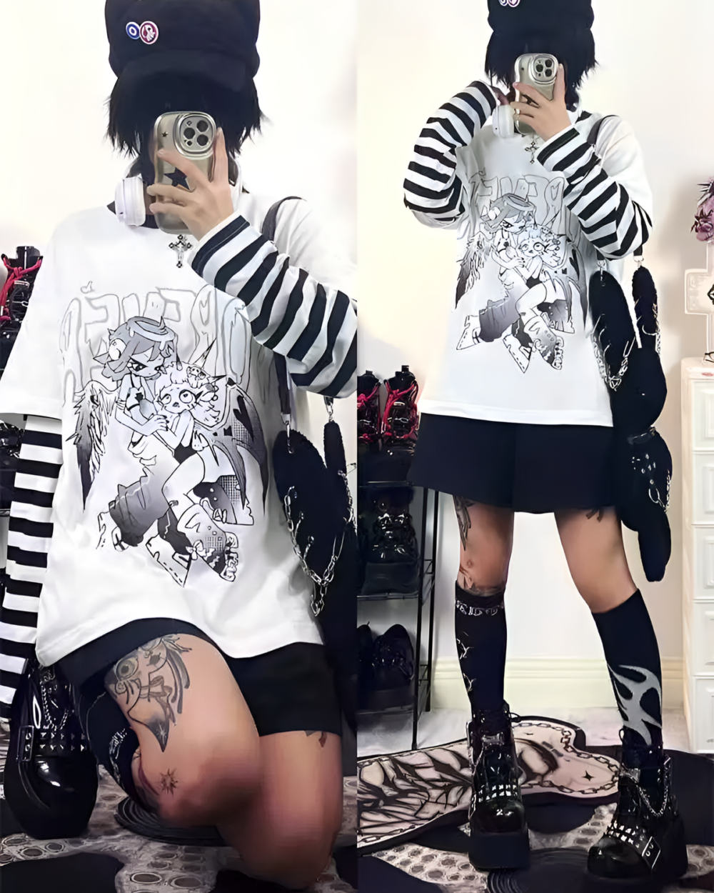 White Striped Long Sleeves Animecore Aesthetic Tee with graphic print, styled with accessories.