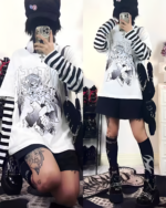 White Striped Long Sleeves Animecore Aesthetic Tee with graphic print, styled with accessories.