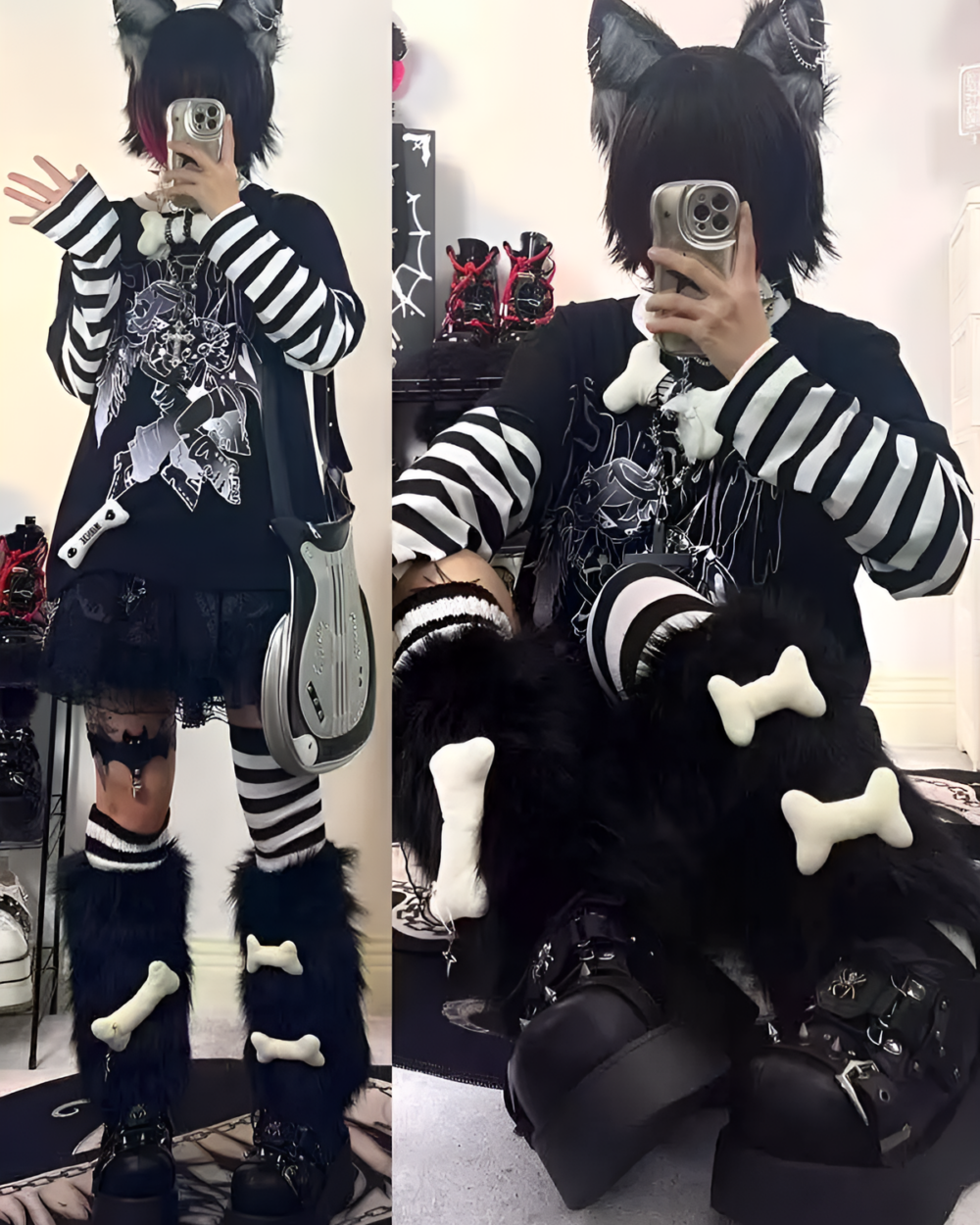 Black and white striped Animecore Aesthetic Tee worn with layered clothing and accessories.