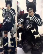 Black and white striped Animecore Aesthetic Tee worn with layered clothing and accessories.