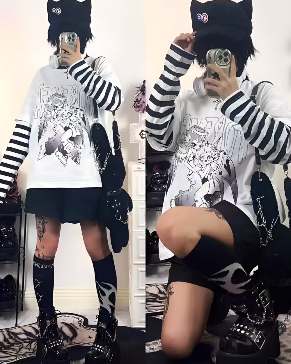 Animecore Aesthetic Tee featuring a long-sleeved striped shirt with anime-inspired artwork.
