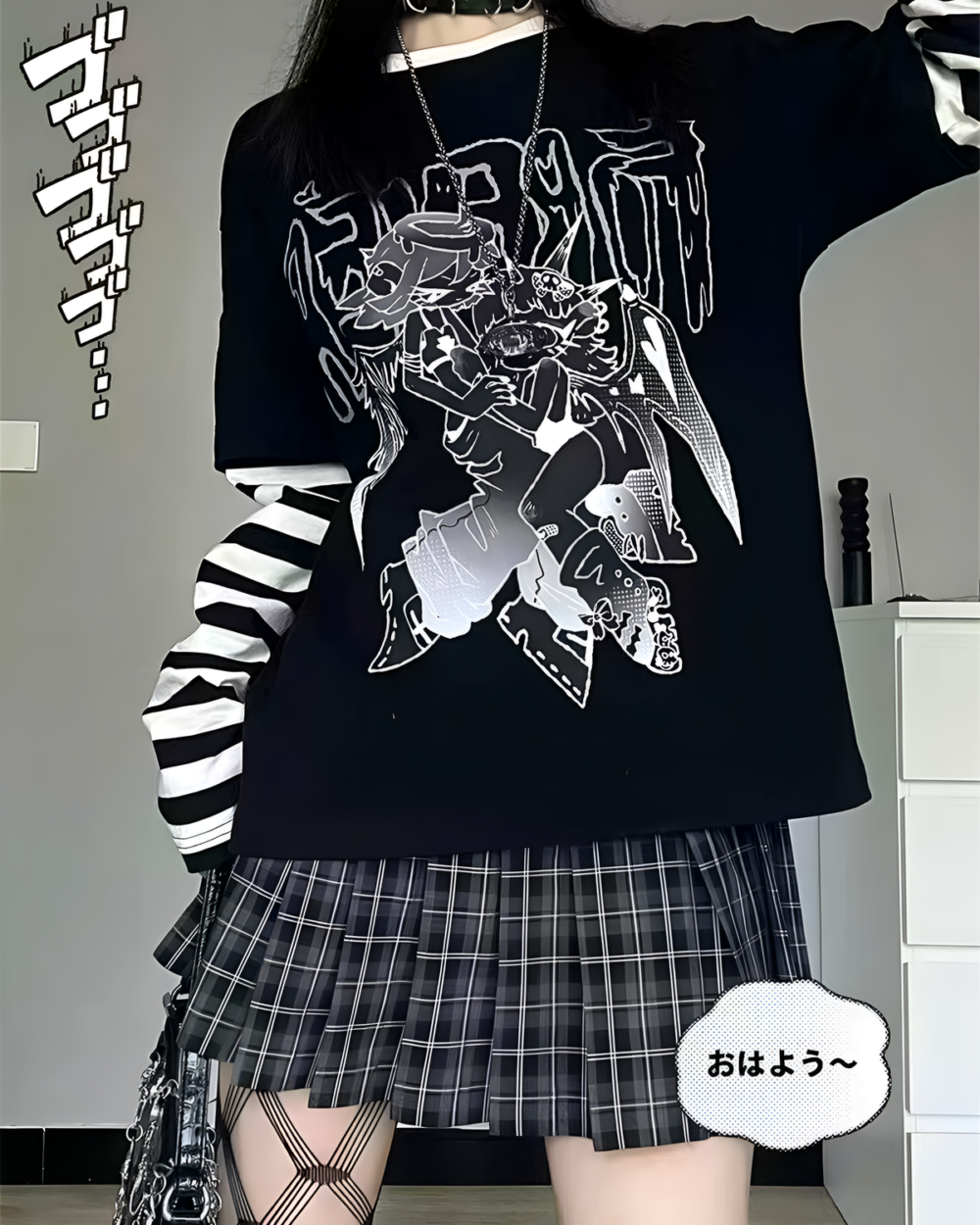 Animecore Aesthetic Tee featuring a graphic print with a character design and stripes.