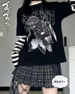 Animecore Aesthetic Tee featuring a graphic print with a character design and stripes.