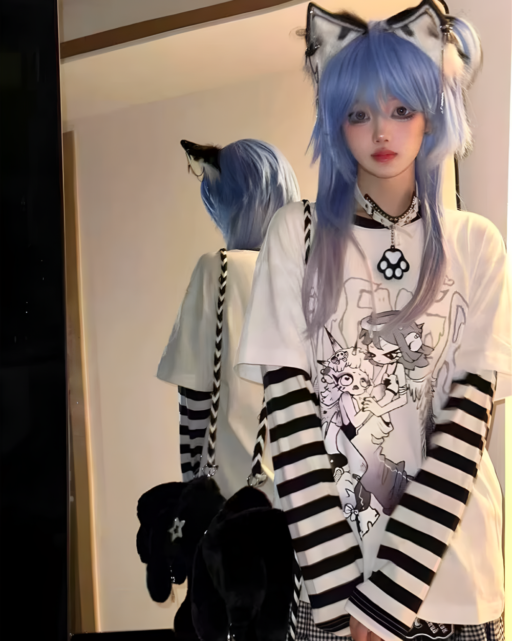 Striped long sleeves Animecore Aesthetic Tee layered with a graphic t-shirt and accessories.