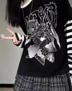 Black Animecore Aesthetic Tee with striped sleeves and a white graphic print.