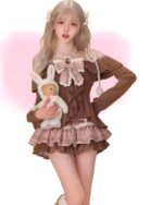 Model wearing a Sweet Lolita Set, featuring a brown dress, plaid skirt, and bunny plushie.