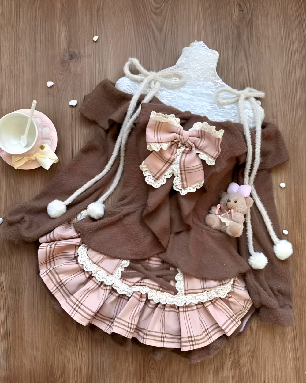 Chocolate Sweet Lolita Set featuring a dress, bonnet, and teddy bear.