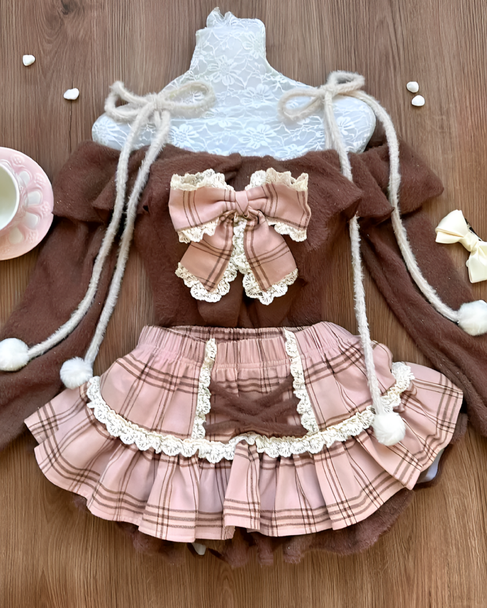Sweet Lolita Set: Chocolate-themed dress and skirt with lace trim, bow, and cape.