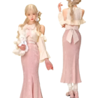 Dollette Aesthetic Clothing set: Cream top and pink velvet skirt with bow detail, complete with accessories.