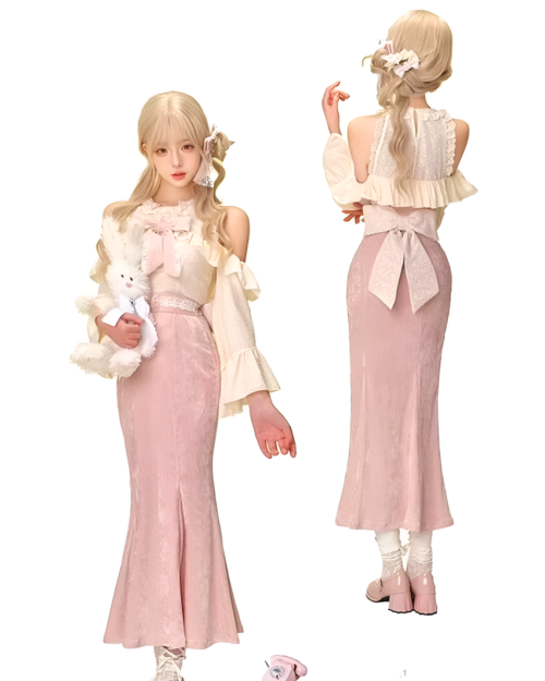 Dollette Aesthetic Clothing set: Cream top and pink velvet skirt with bow detail, complete with accessories.