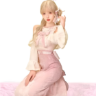 Model wearing the Sweet and Fancy Set - Dollette Aesthetic Clothing, featuring a pink and cream outfit with lace details.