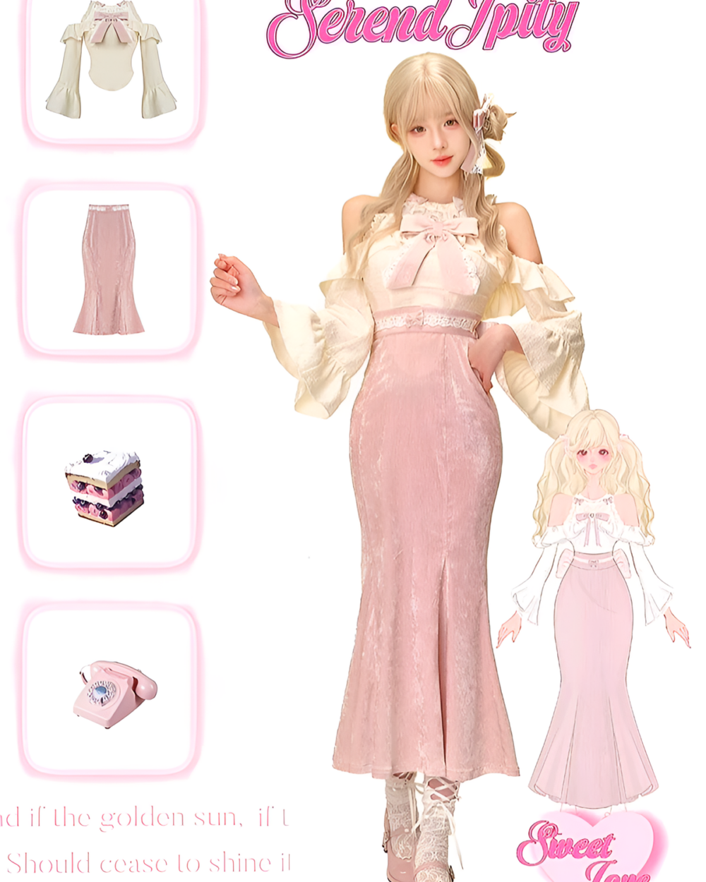 Sweet and Fancy Set - Dollette Aesthetic Clothing featuring a corset top, velvet maxi skirt, accessories, and doll outfits.