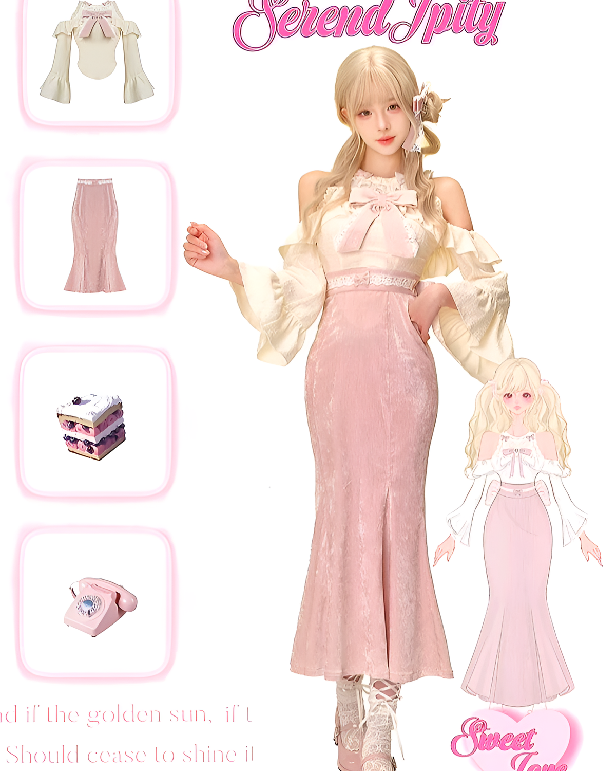 Sweet and Fancy Set - Dollette Aesthetic Clothing featuring a corset top, velvet maxi skirt, accessories, and doll outfits.