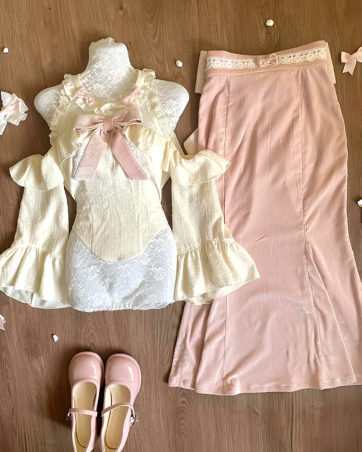 Dollette Aesthetic Clothing set featuring a lace top, dress, skirt, and shoes on a wooden surface.