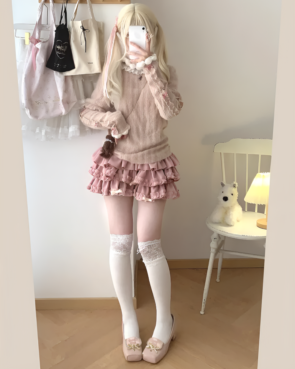 Pink ruffled mini skirt, Yume Kawaii Aesthetic, featuring a sweater and stockings.