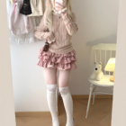 Pink ruffled mini skirt, Yume Kawaii Aesthetic, featuring a sweater and stockings.