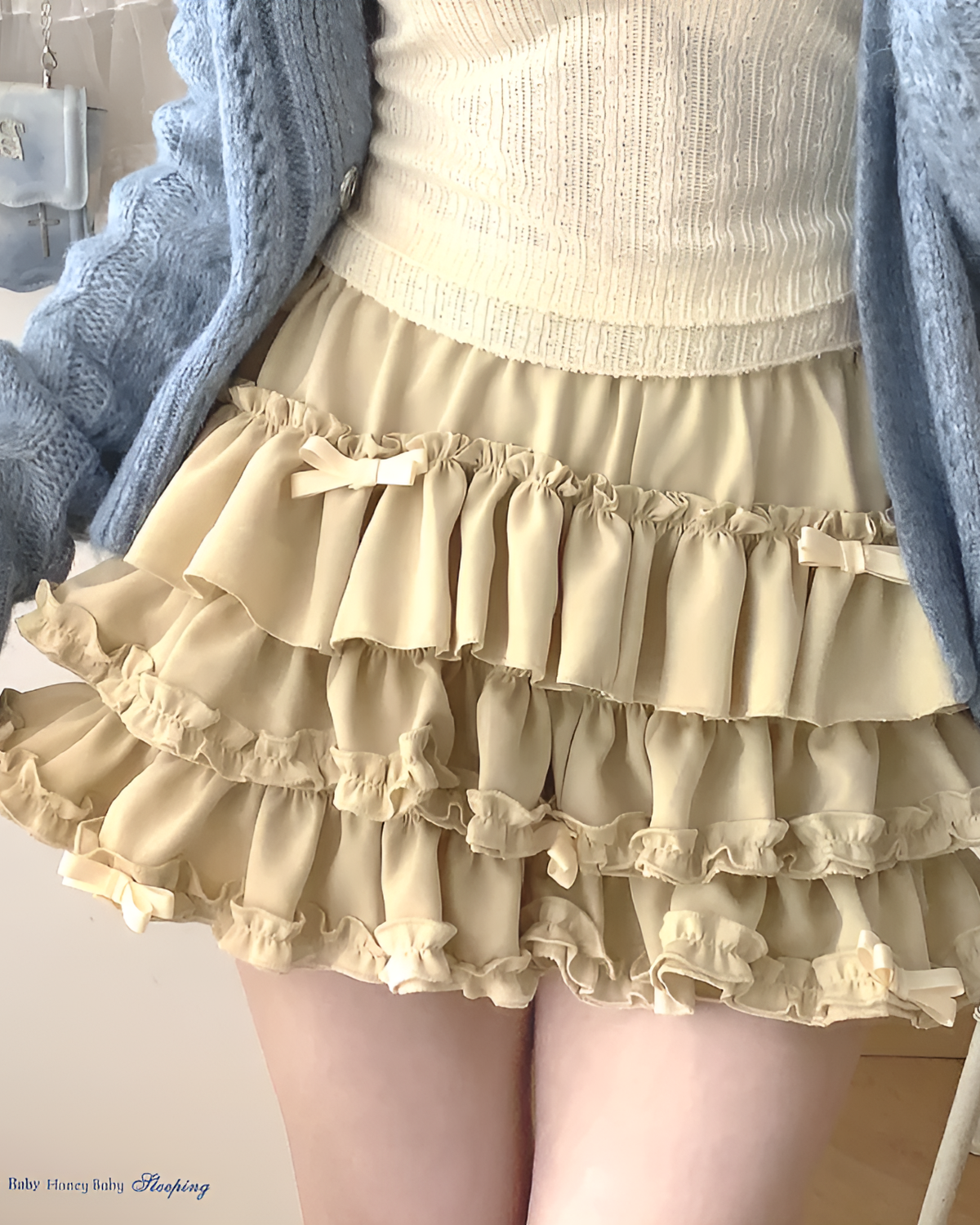 Yume Kawaii Aesthetic ruffled mini skirt with layered ruffles and bows. A cute, layered skirt.
