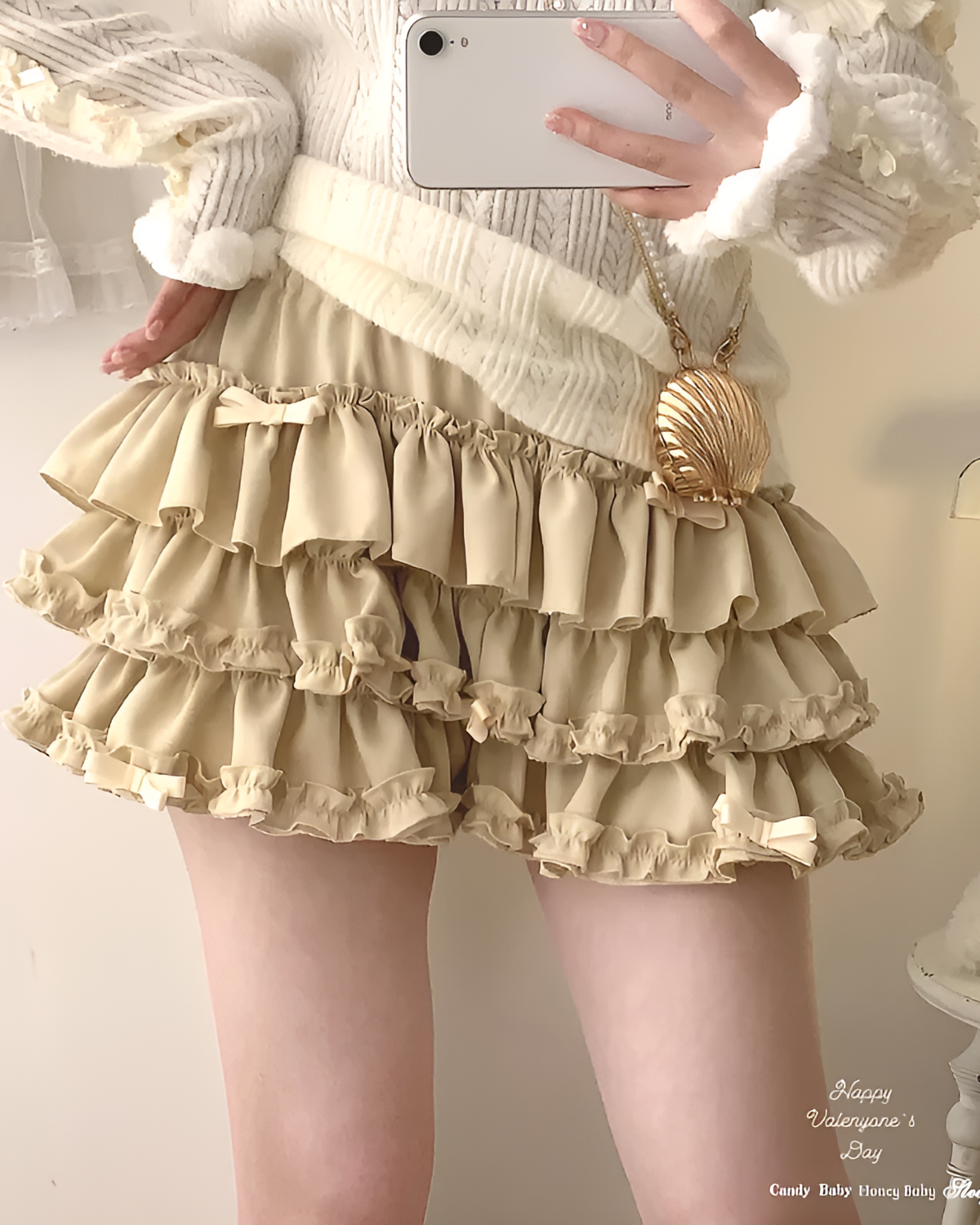 Beige ruffled mini skirt, Yume Kawaii Aesthetic.