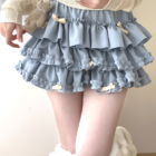 Light blue Yume Kawaii Aesthetic ruffled mini skirt, featuring multiple layers of ruffles and bow accents.