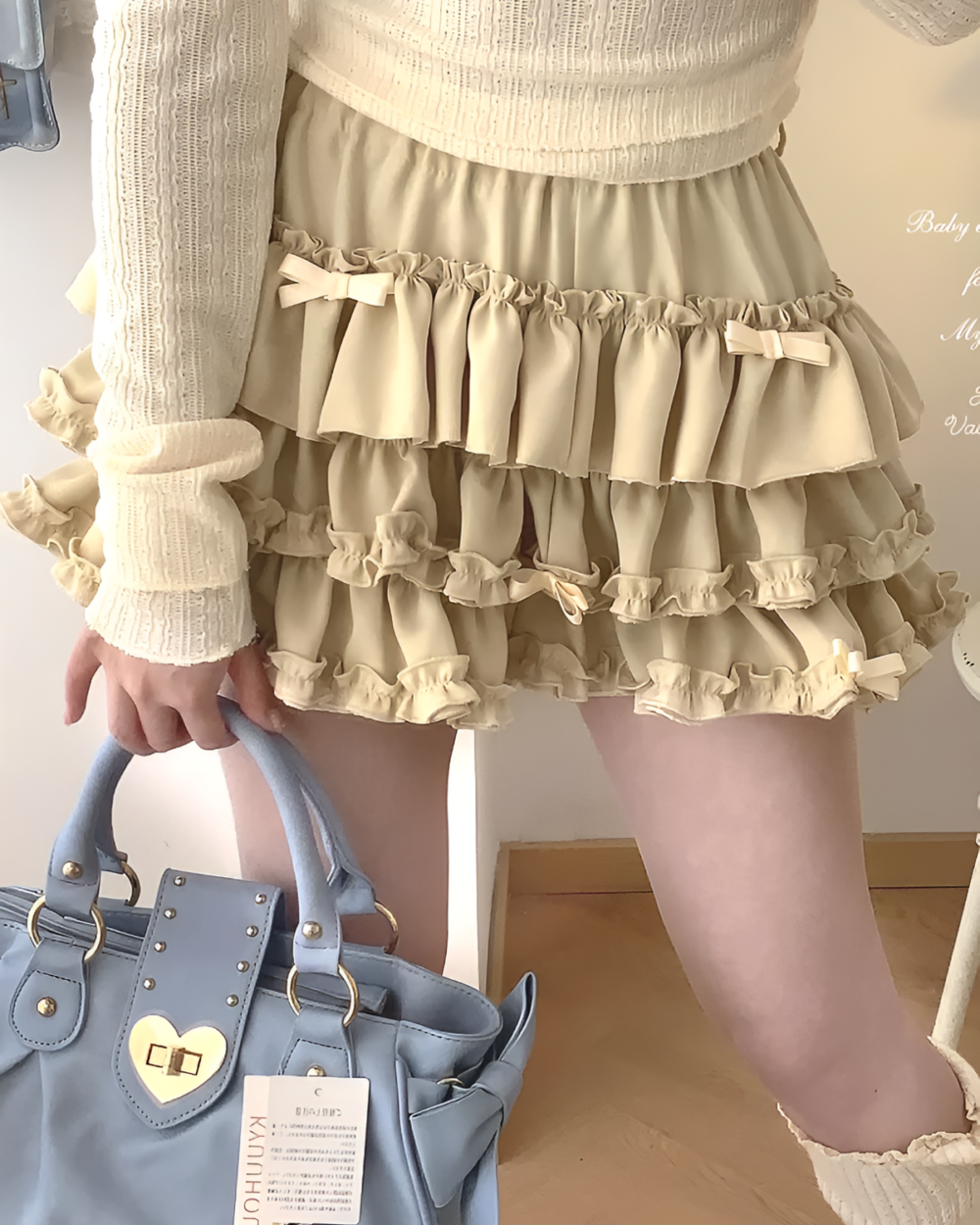 Yume Kawaii Aesthetic ruffled mini skirt with layered ruffles and bows.