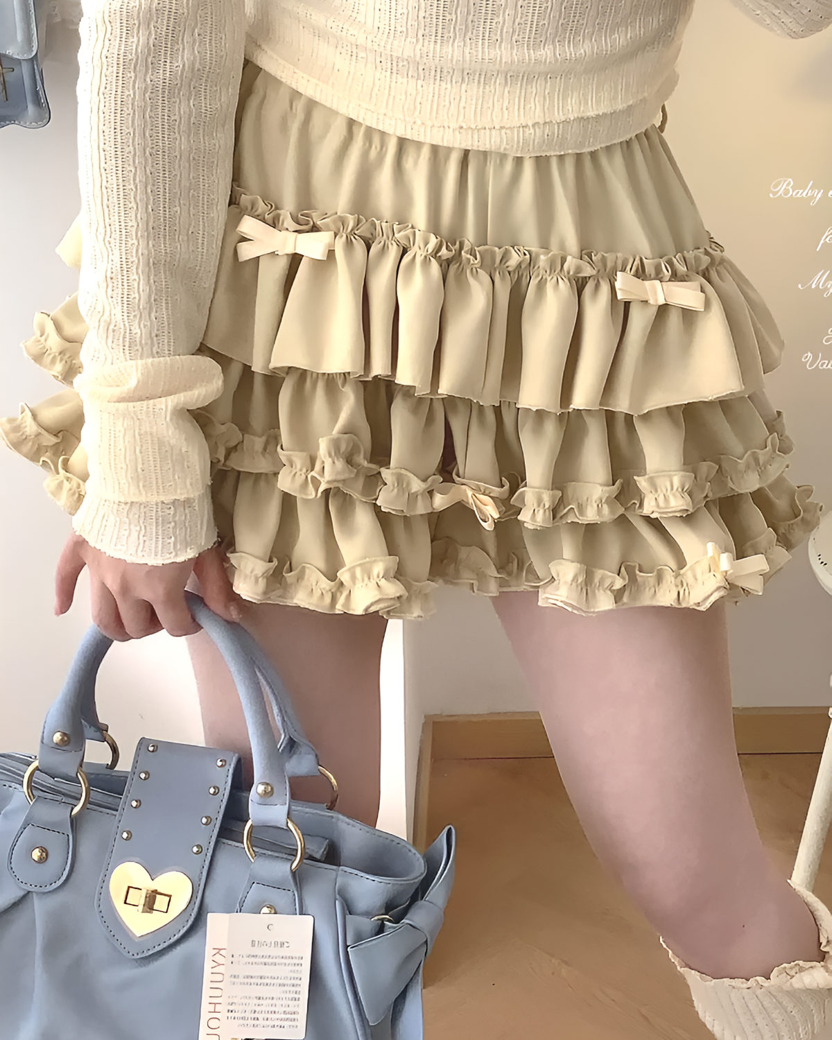 Yume Kawaii Aesthetic ruffled mini skirt with layered ruffles and bows.