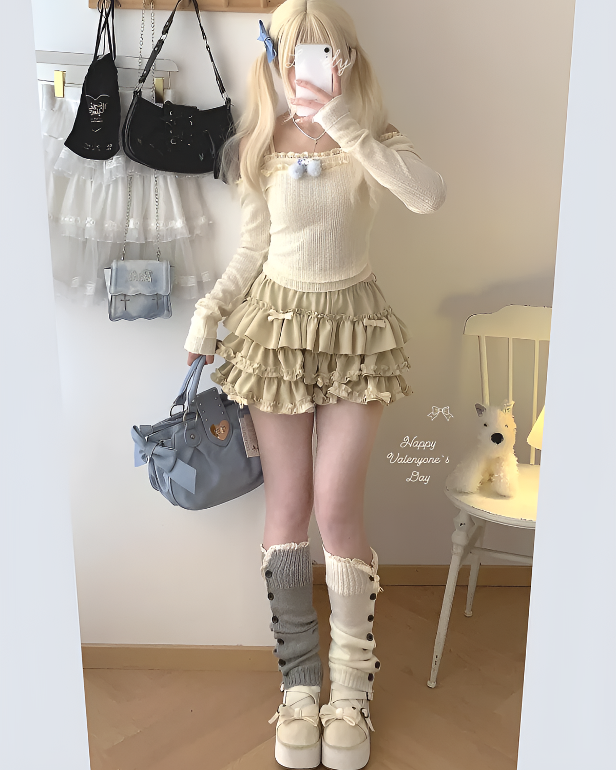 Model wearing a beige ruffled mini skirt with Yume Kawaii Aesthetic details.