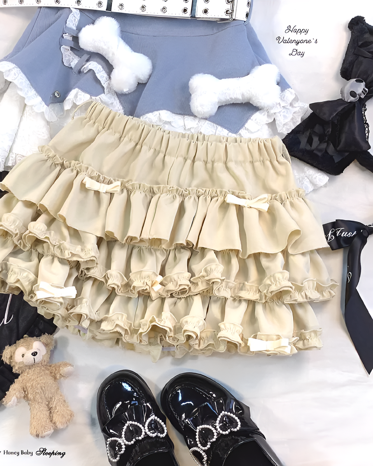 Yume Kawaii Aesthetic ruffled mini skirt in cream, layered ruffles, kawaii style outfit.