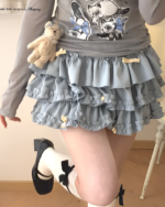Yume Kawaii Aesthetic ruffled mini skirt, light blue, layered ruffles, with straps.