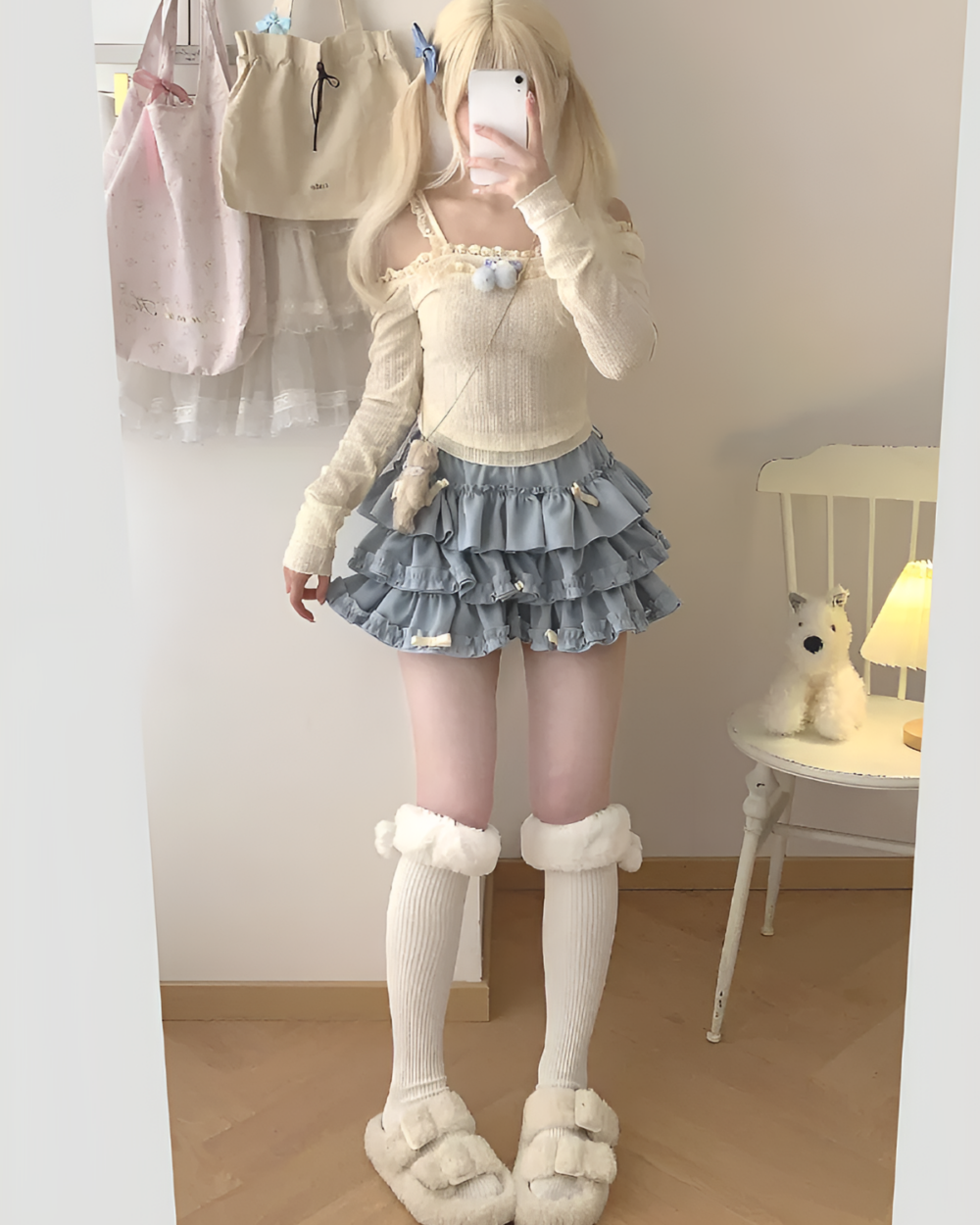 Yume Kawaii Aesthetic ruffled mini skirt outfit with socks and slippers.