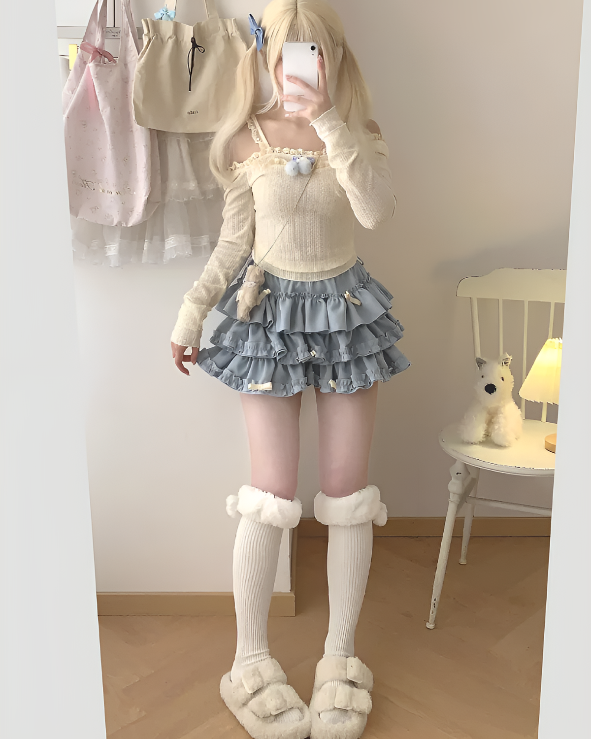Yume Kawaii Aesthetic ruffled mini skirt outfit with socks and slippers.