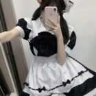 A black and white Kawaii Maid Uniform Set with bow details and headband.