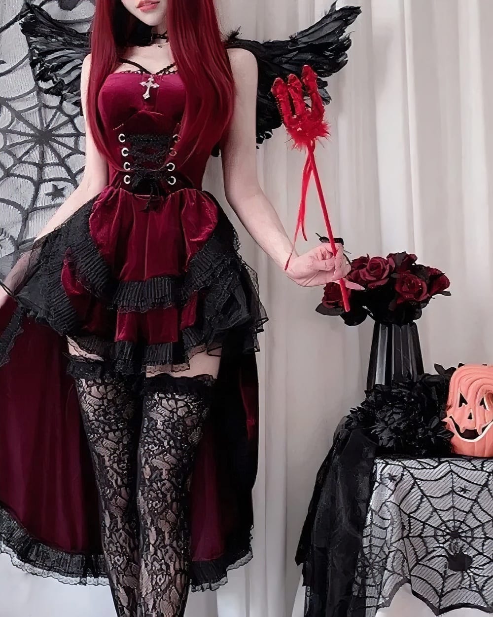 Dark Wine Nun Dress - Romantic Goth Aesthetic product photo 1 Model wearing a Dark Nun Dress with lace details, corset, and gothic accessories.