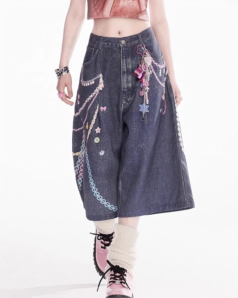 Rainbow Chain Print Bermuda Pants - Y2K Aesthetic Pants featuring embroidery and chain details.