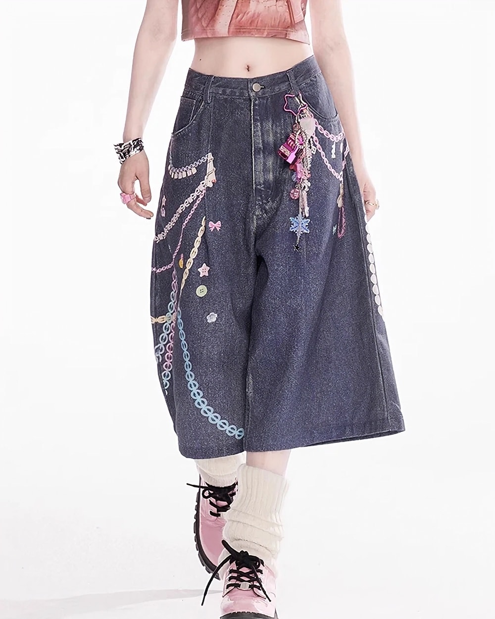 Rainbow Chain Print Bermuda Pants - Y2K Aesthetic product photo 1 Rainbow Chain Print Bermuda Pants - Y2K Aesthetic Pants featuring embroidery and chain details.