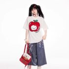 Rainbow Chain Print Bermuda Y2K Aesthetic Pants, featuring a colorful, detailed print on denim wide-leg trousers.