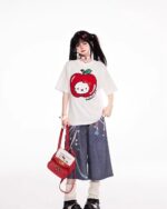 Rainbow Chain Print Bermuda Y2K Aesthetic Pants, featuring a colorful, detailed print on denim wide-leg trousers.