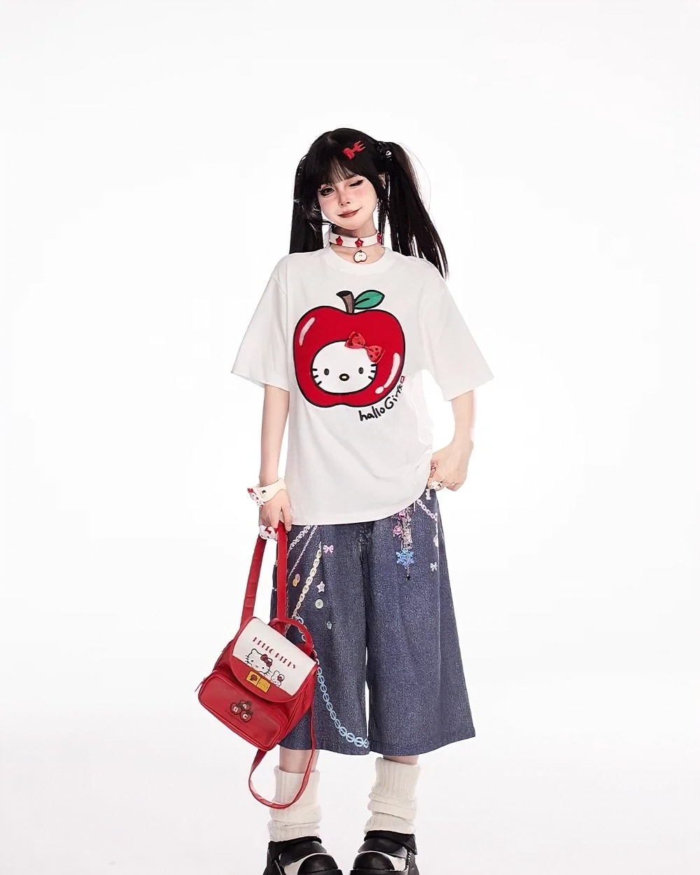 Rainbow Chain Print Bermuda Y2K Aesthetic Pants, featuring a colorful, detailed print on denim wide-leg trousers.