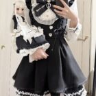 Black Jirai Kei Dress Collection with white lace trim and frills.