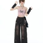 Butterfly Top Two Piece Set - Grunge Aesthetic, featuring a crop top and wide-leg cargo pants.
