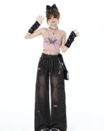 Butterfly Top Two Piece Set - Grunge Aesthetic, featuring a crop top and wide-leg cargo pants.