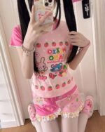 Mezzo Piano Strawberry T-Shirt featuring pink and strawberry design, adorable character details.