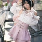 Japanese Ruffled Skirt and Off Shoulder Blouse - Jirai Kei Set featuring a pink skirt and white blouse with ruffles.