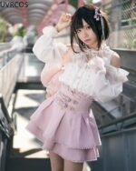 Japanese Ruffled Skirt and Off Shoulder Blouse - Jirai Kei Set featuring a pink skirt and white blouse with ruffles.