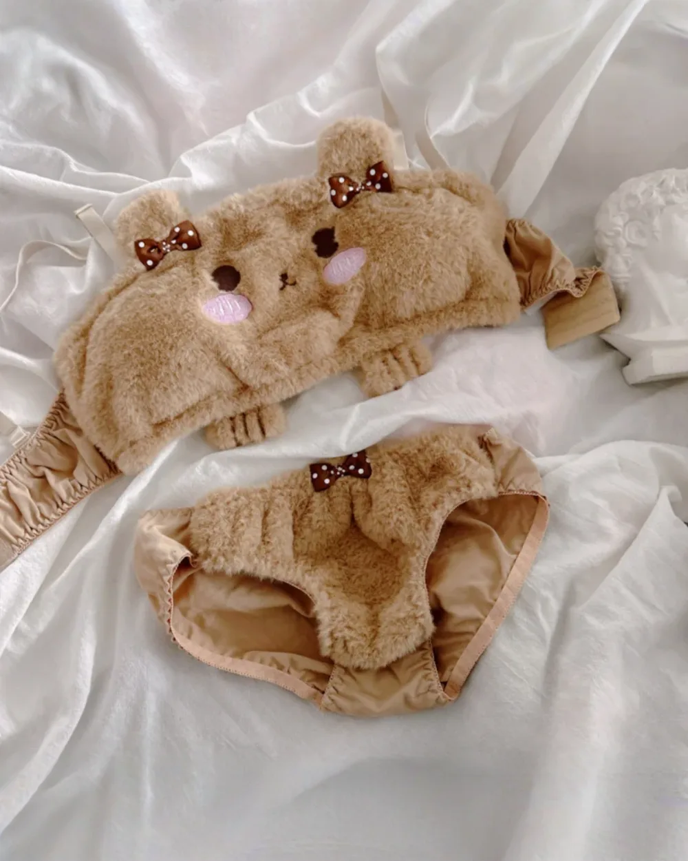 Soft Plush Bear Pajamas set with bow details, kawaii style underwear and top.