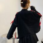 Black Kitsune Bowed Sweatshirt - Animecore style with red tie closures.