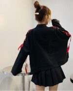 Black Kitsune Bowed Sweatshirt - Animecore style with red tie closures.