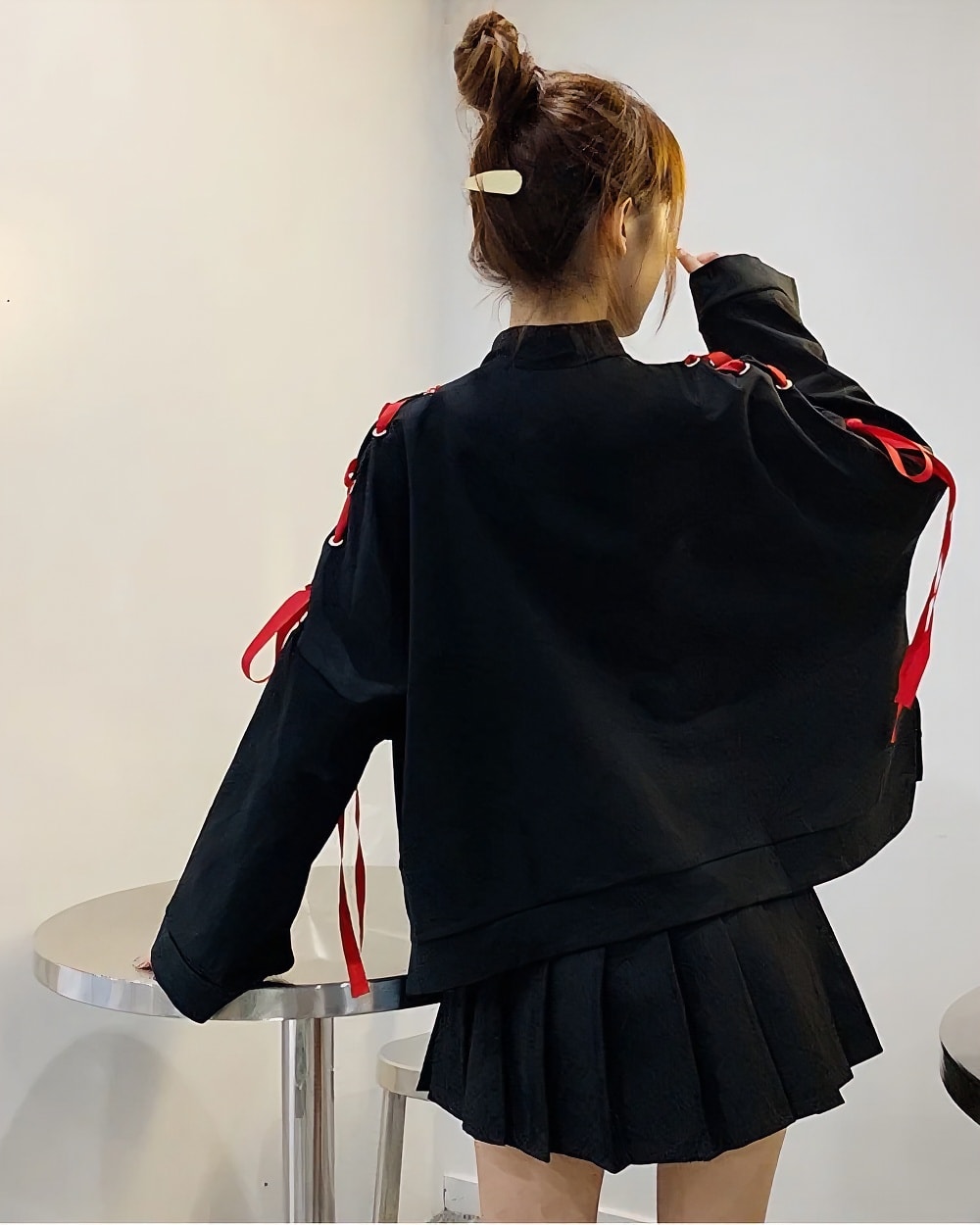 Black Kitsune Bowed Sweatshirt - Animecore style with red tie closures.