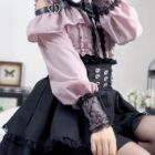 Off-shoulder blouse and skirt set featuring a Jirai Kei Aesthetic, with lace details and a corset.