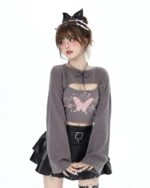 Butterfly Top Two Piece Set - Grunge Aesthetic, featuring a gray cropped sweater with a butterfly design and a black skirt.
